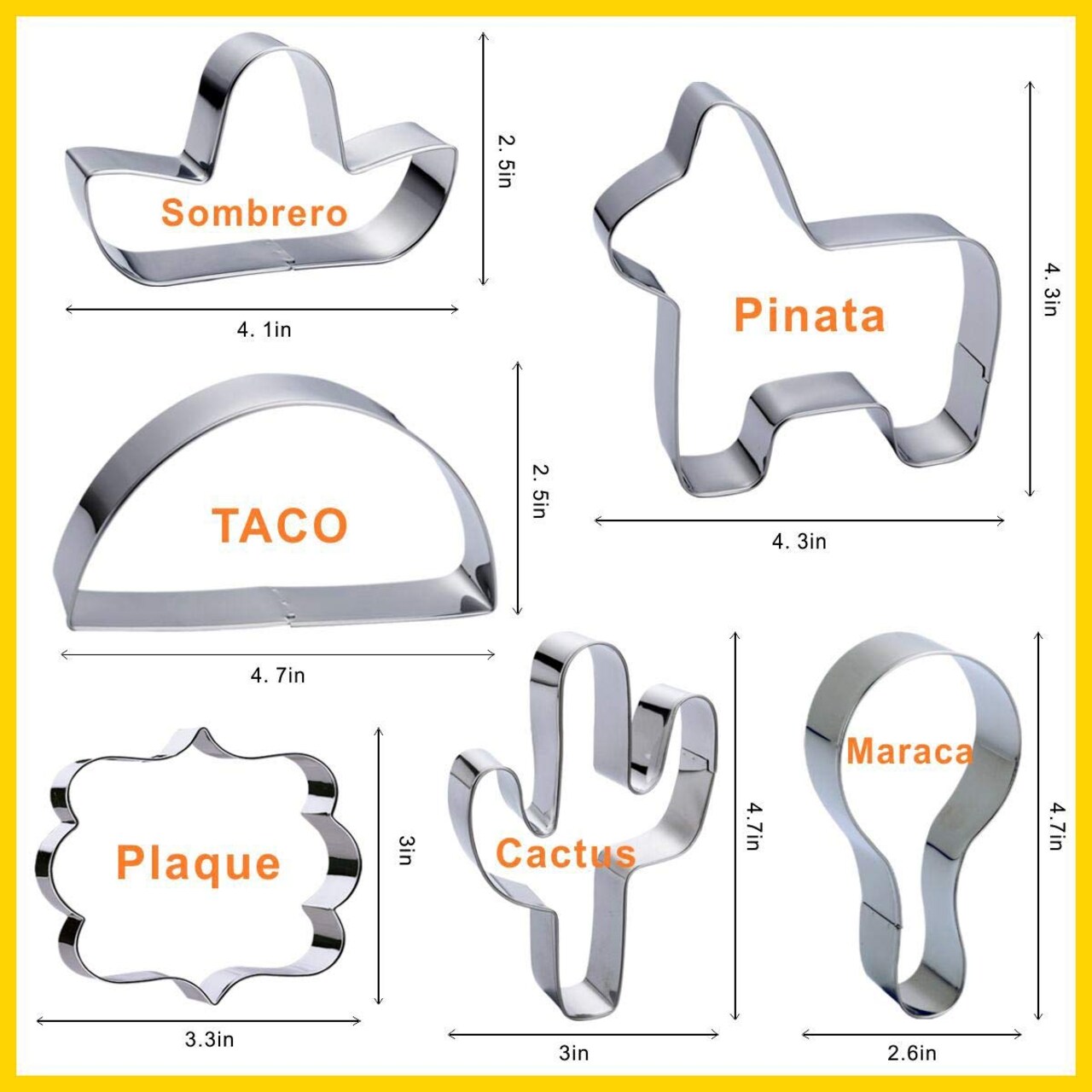 6 Pieces Fiesta Mexican Cinco de Mayo Cookie Cutter Set Party Decorations - 4in Large Donkey Pinata Cactus Sombrero Taco Maraca Plaque Stainless Steel Fondant Molds